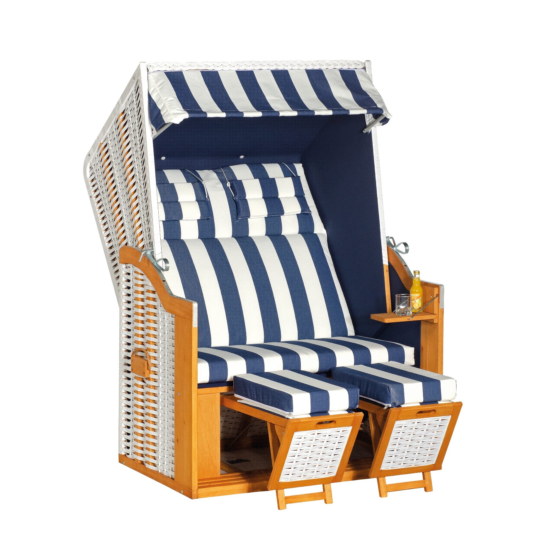 SunnySmart Strandkorb "34 Z", Korpus Pinienholz teakfarben gebürstet, PVC-Geflecht Weiß, Stoff Dessin 1080