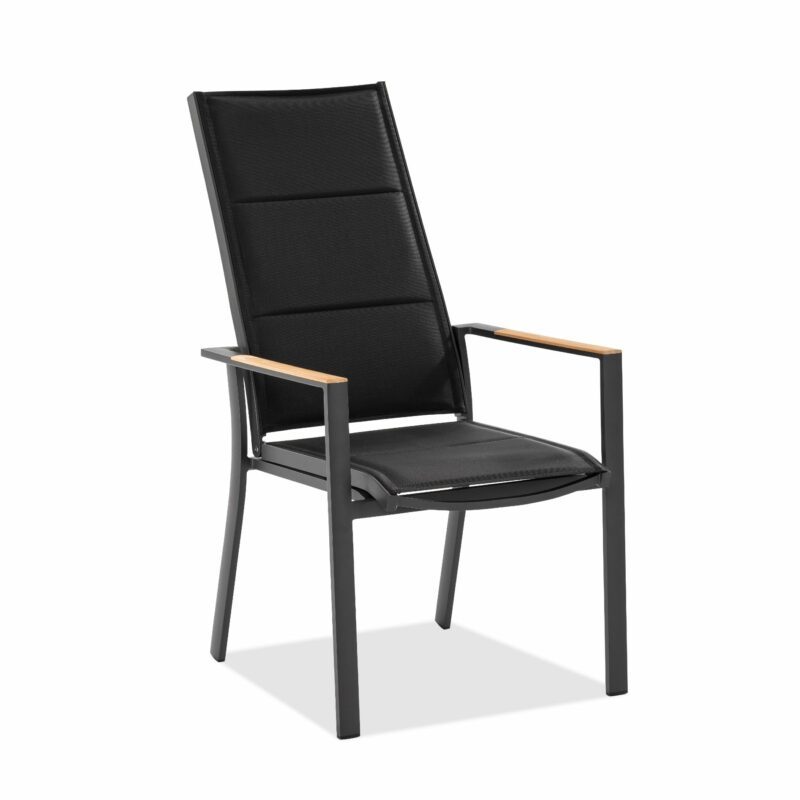 Niehoff "Palos Plus" Hochlehner gepolstert & verstellbar, Gestell Aluminium anthrazit, Textilen schwarz, Teakarmlehnen