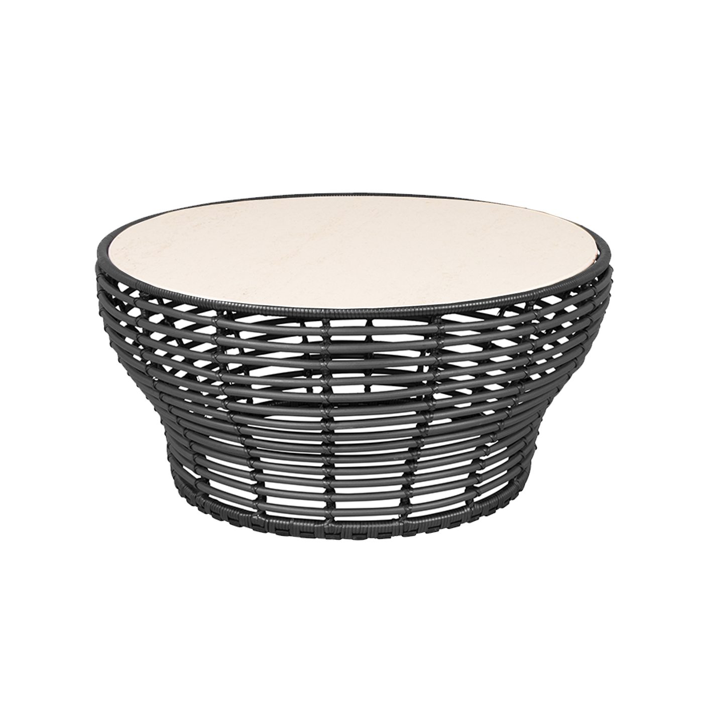 Cane-line "Basket" Loungetisch groß, Geflecht graphit, Tischplatte Keramik Travertin-Optik, Ø 95 cm