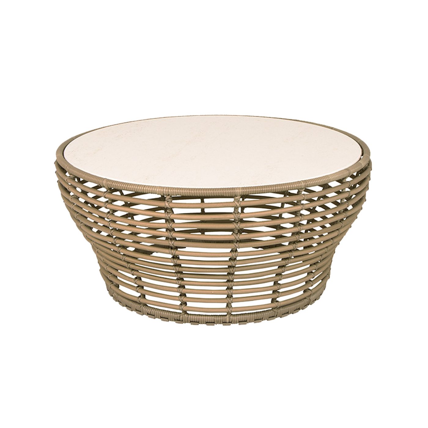 Cane-line "Basket" Loungetisch groß, Geflecht natur, Tischplatte Keramik Travertin-Optik, Ø 95 cm