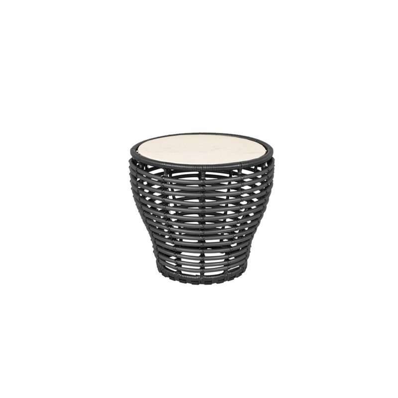 Cane-line "Basket" Loungetisch klein, Geflecht graphit, Tischplatte Keramik Travertin-Optik, Ø 50 cm