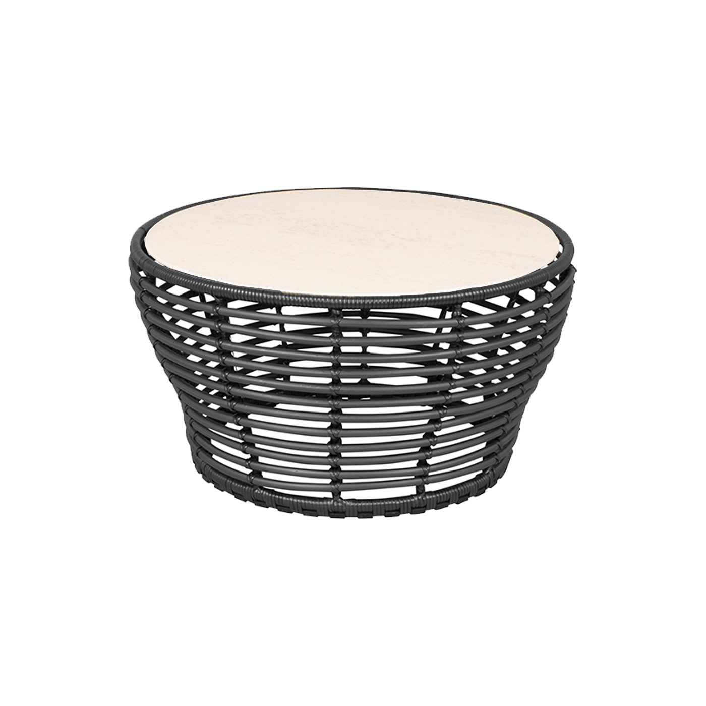 Cane-line "Basket" Loungetisch mittel, Geflecht graphit, Tischplatte Keramik Travertin-Optik, Ø 75 cm