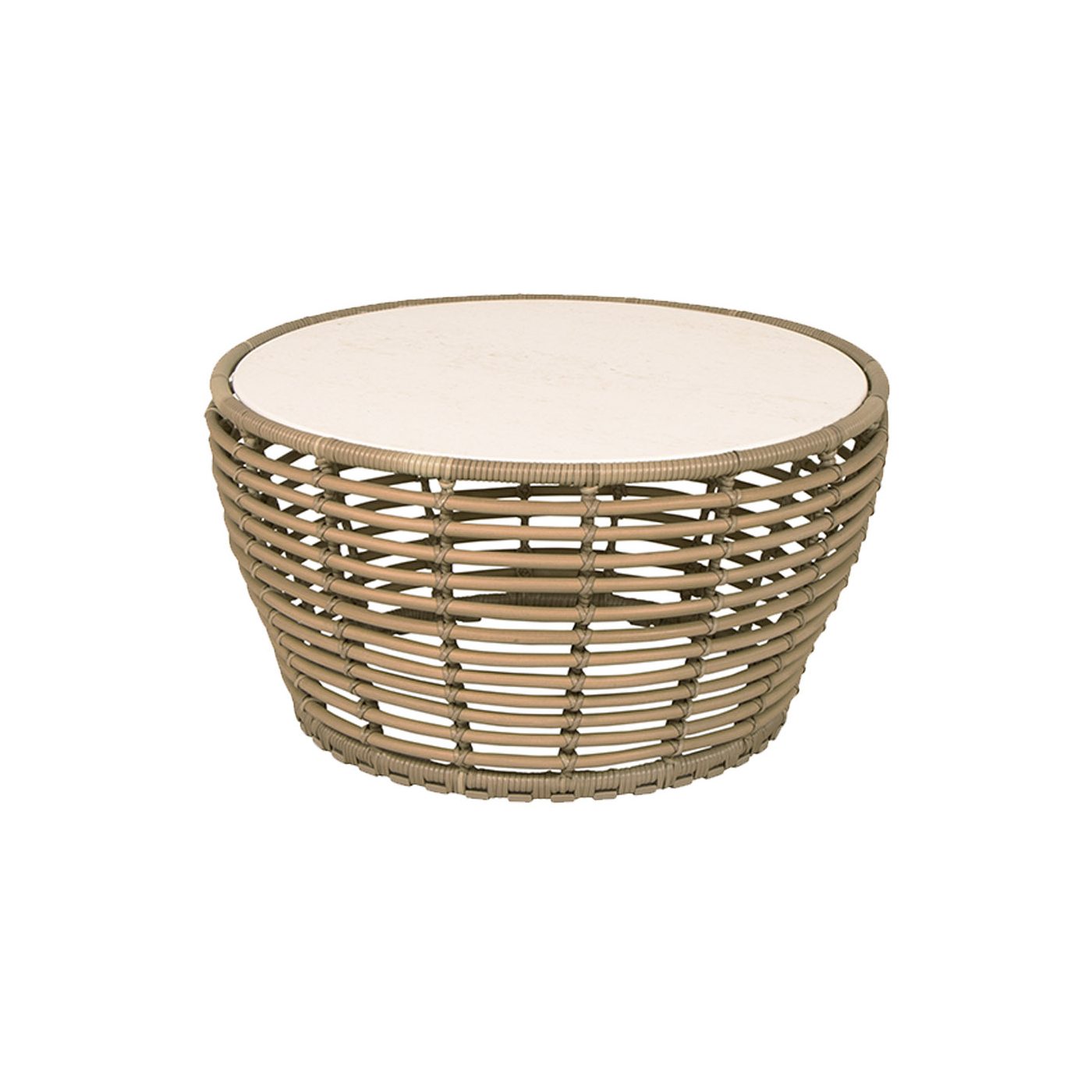 Cane-line "Basket" Loungetisch mittel, Geflecht natur, Tischplatte Keramik Travertin-Optik, Ø 75 cm