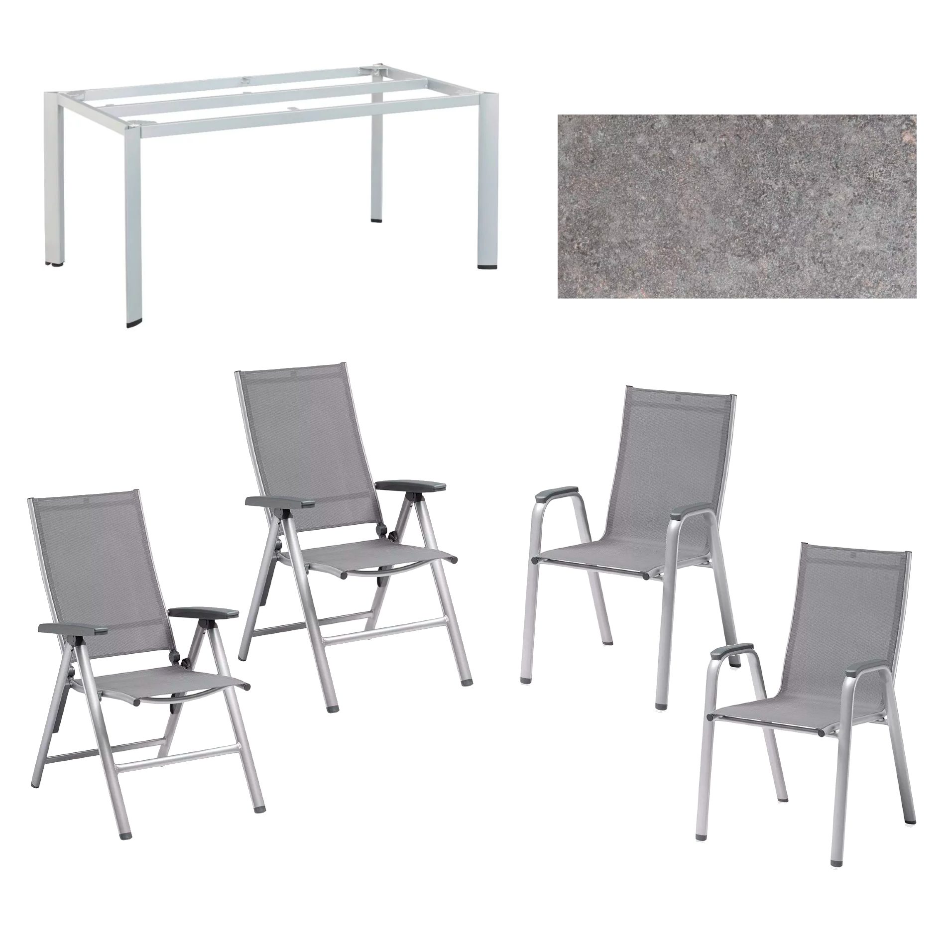Kettler "Cirrus" Silver-Line Klapp- und Stapelsessel mit Tisch "Edge", Gestell Alu silber, HPL-Platte Kalksandstein