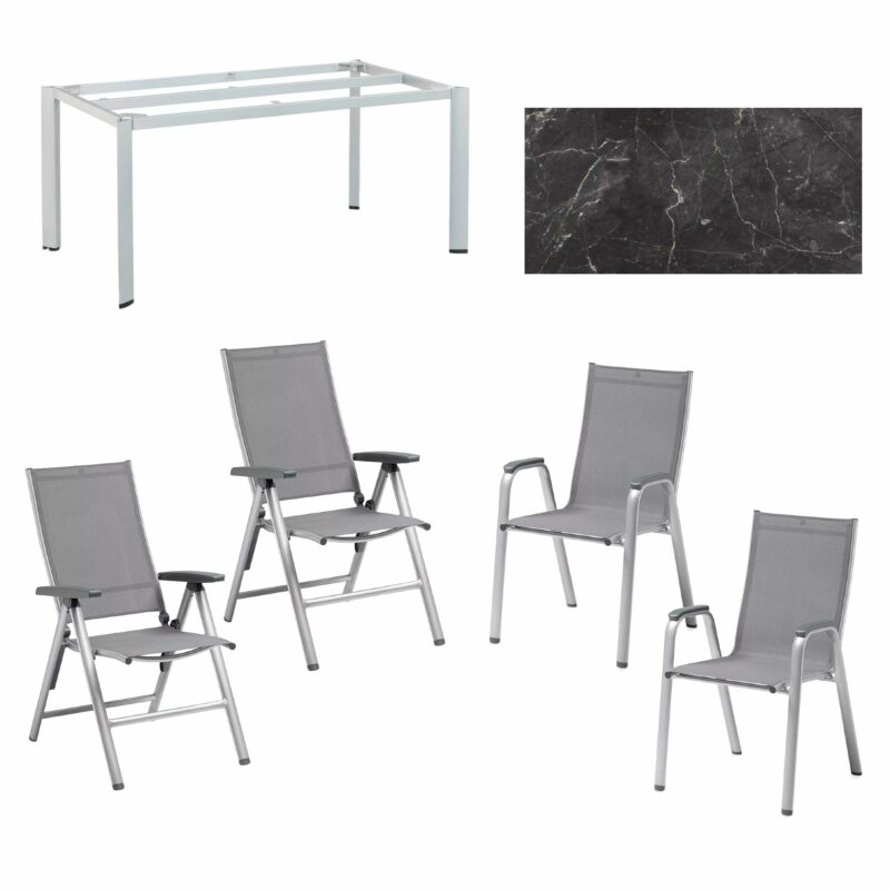Kettler "Cirrus" Silver-Line Klapp- und Stapelsessel mit Tisch "Edge", Gestell Alu silber, HPL-Platte Marmor grau