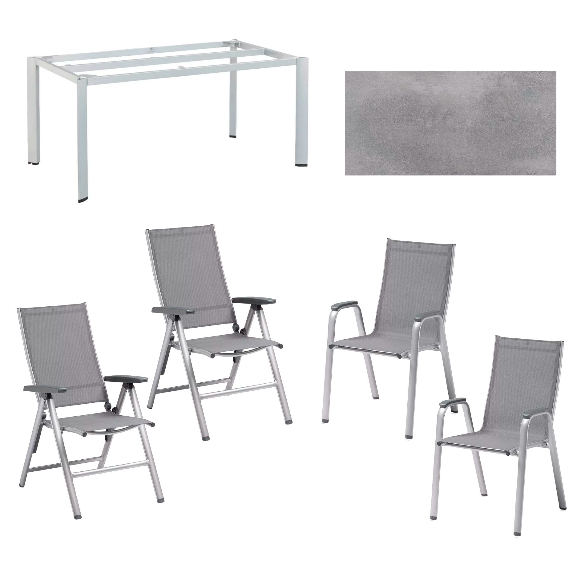 Kettler "Cirrus" Silver-Line Klapp- und Stapelsessel mit Tisch "Edge", Gestell Alu silber, HPL-Platte silbergrau