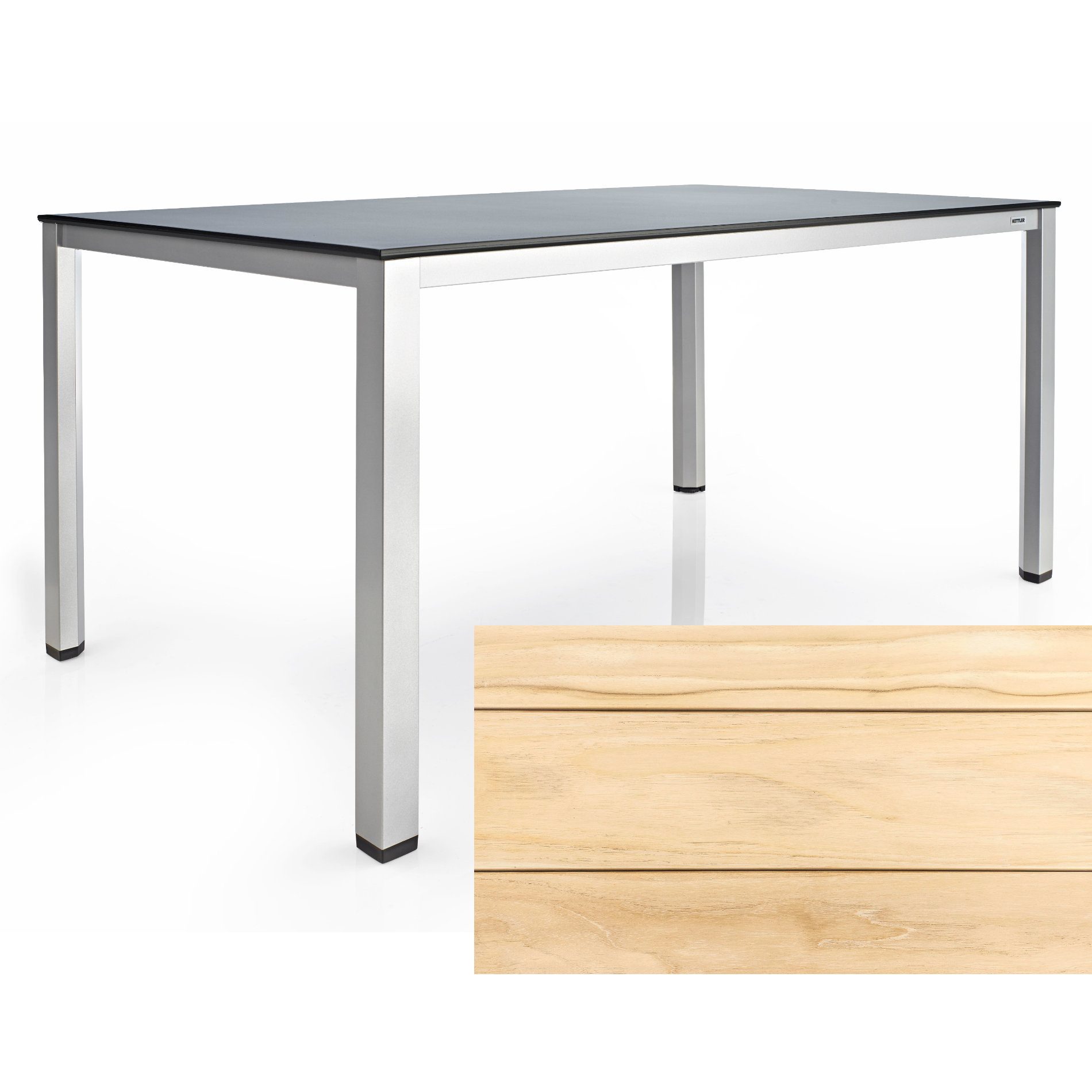 Kettler “Cubic“ Tischsystem Gartentisch, Gestell Edelstahl gebürstet, Tischplatte Teakholz breite Leisten