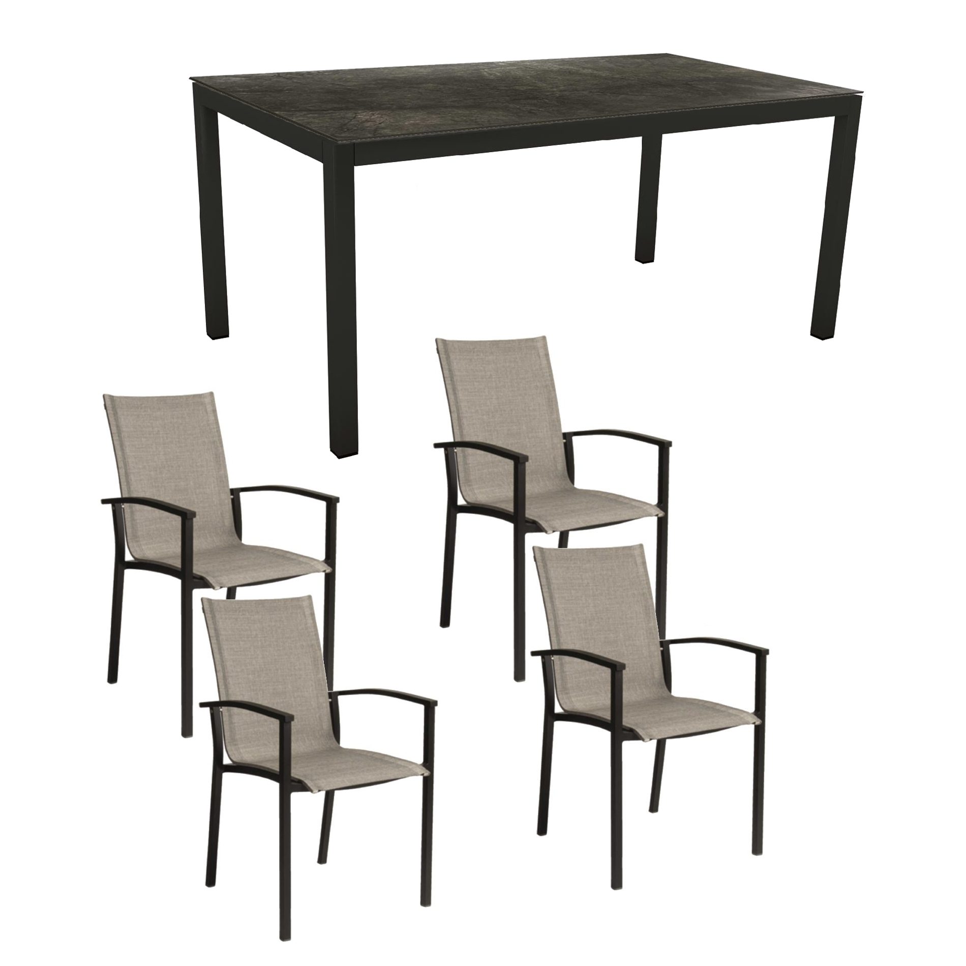 Stern Gartenmöbel-Set mit Stapelsessel "Evoee" & Gartentisch, Gestelle Aluminium schwarz matt, Sitzfläche Textilgewebe Leinen grau, Tischplatte HPL Dark Marble