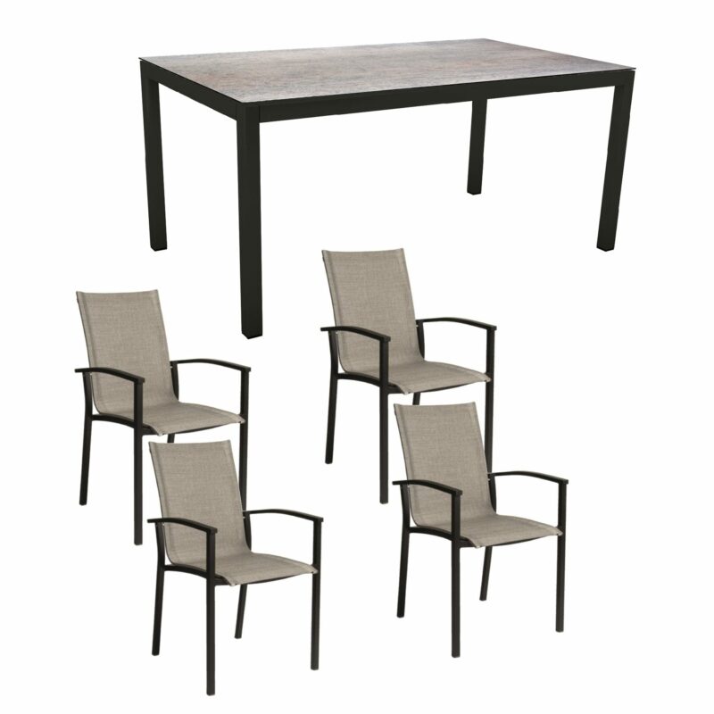 Stern Gartenmöbel-Set mit Stapelsessel "Evoee" & Gartentisch, Gestelle Aluminium schwarz matt, Sitzfläche Textilgewebe Leinen grau, Tischplatte HPL Smoky