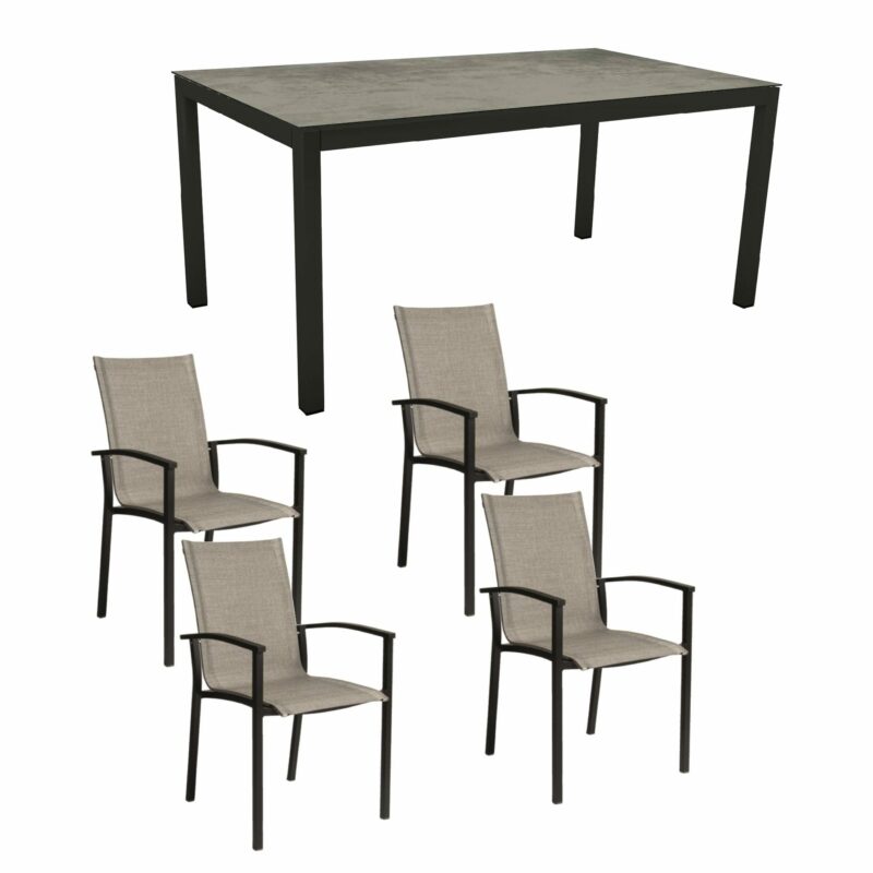 Stern Gartenmöbel-Set mit Stapelsessel "Evoee" & Gartentisch, Gestelle Aluminium schwarz matt, Sitzfläche Textilgewebe Leinen grau, Tischplatte HPL Zement