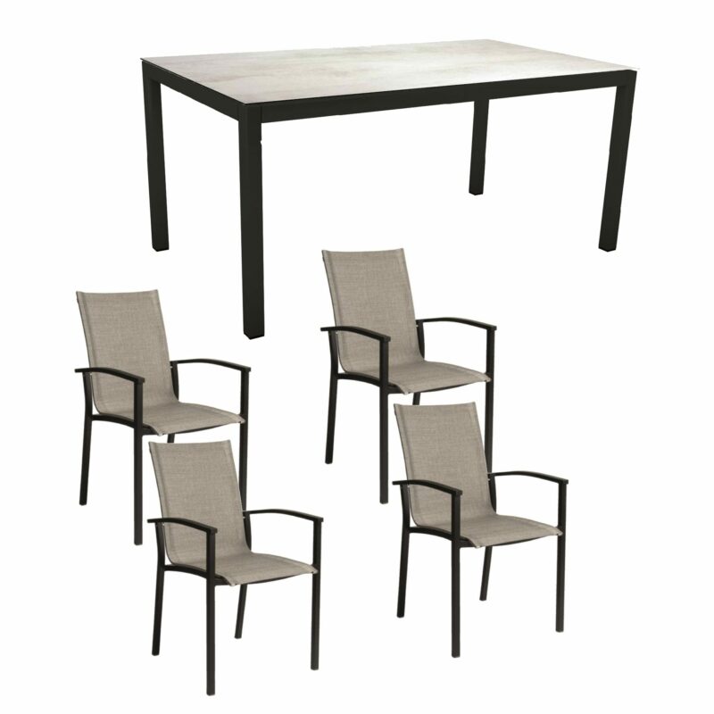 Stern Gartenmöbel-Set mit Stapelsessel "Evoee" & Gartentisch, Gestelle Aluminium schwarz matt, Sitzfläche Textilgewebe Leinen grau, Tischplatte HPL Zement hell