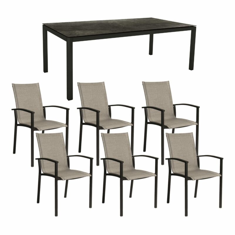 Stern Gartenmöbel-Set mit Stapelsessel "Evoee" & Gartentisch 200x100 cm, Gestelle Aluminium schwarz matt, Sitzfläche Textilgewebe Leinen grau, Tischplatte HPL Dark Marble