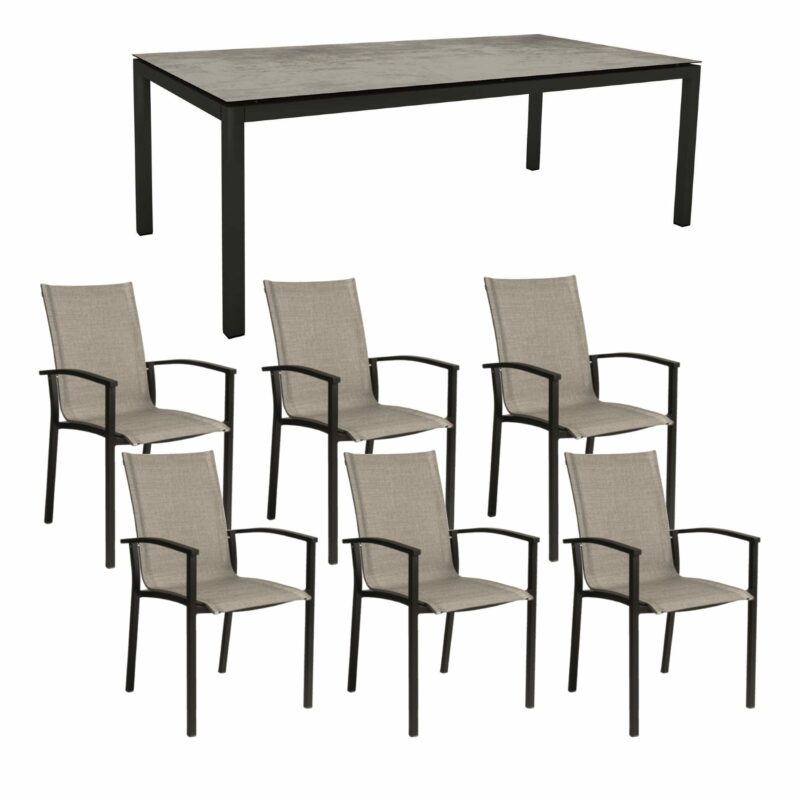 Stern Gartenmöbel-Set mit Stapelsessel "Evoee" & Gartentisch 200x100 cm, Gestelle Aluminium schwarz matt, Sitzfläche Textilgewebe Leinen grau, Tischplatte HPL Zement