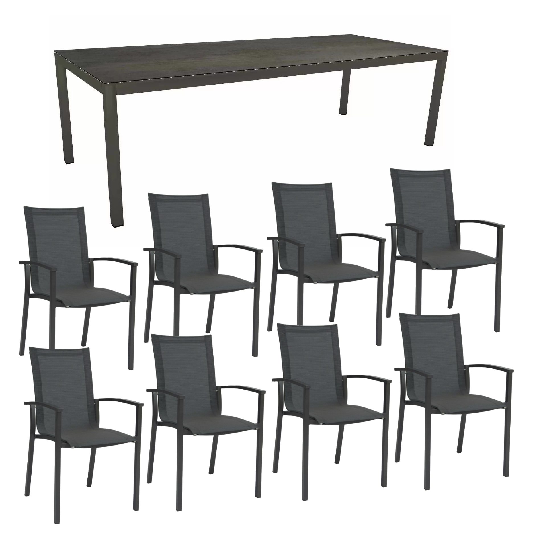 Stern Gartenmöbel-Set mit "Evoee" Stapelsessel & Gartentisch, Gestelle Aluminium anthrazit, Sitzfläche Textilgewebe karbon, Tischplatte HPL Nitro