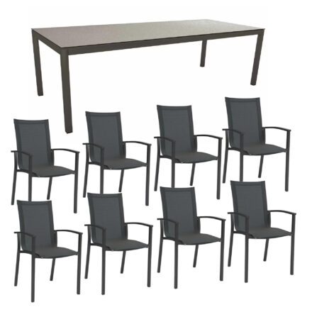 Stern Gartenmöbel-Set mit "Evoee" Stapelsessel & Gartentisch, Gestelle Aluminium anthrazit, Sitzfläche Textilgewebe karbon, Tischplatte HPL Uni Grau