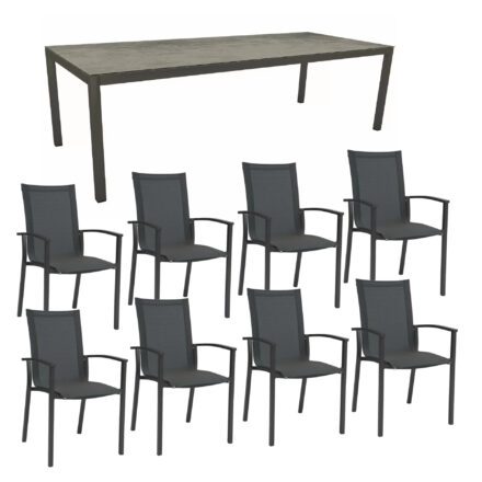 Stern Gartenmöbel-Set mit "Evoee" Stapelsessel & Gartentisch, Gestelle Aluminium anthrazit, Sitzfläche Textilgewebe karbon, Tischplatte HPL Zement