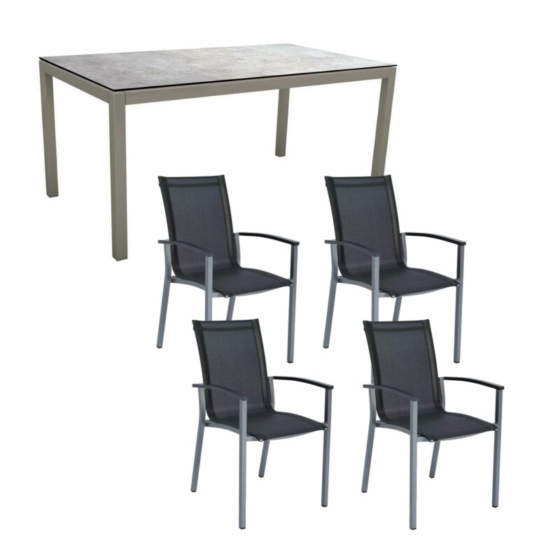 Stern Gartenmöbel-Set "Evoee", Gestelle Aluminium graphit, Sitzfläche Textilgewebe silbergrau, Tischplatte HPL Metallic Grau