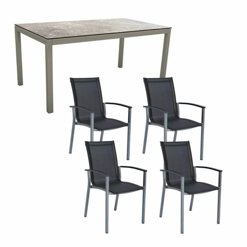 Stern Gartenmöbel-Set "Evoee", Gestelle Aluminium graphit, Sitzfläche Textilgewebe silbergrau, Tischplatte HPL Vintage Stone