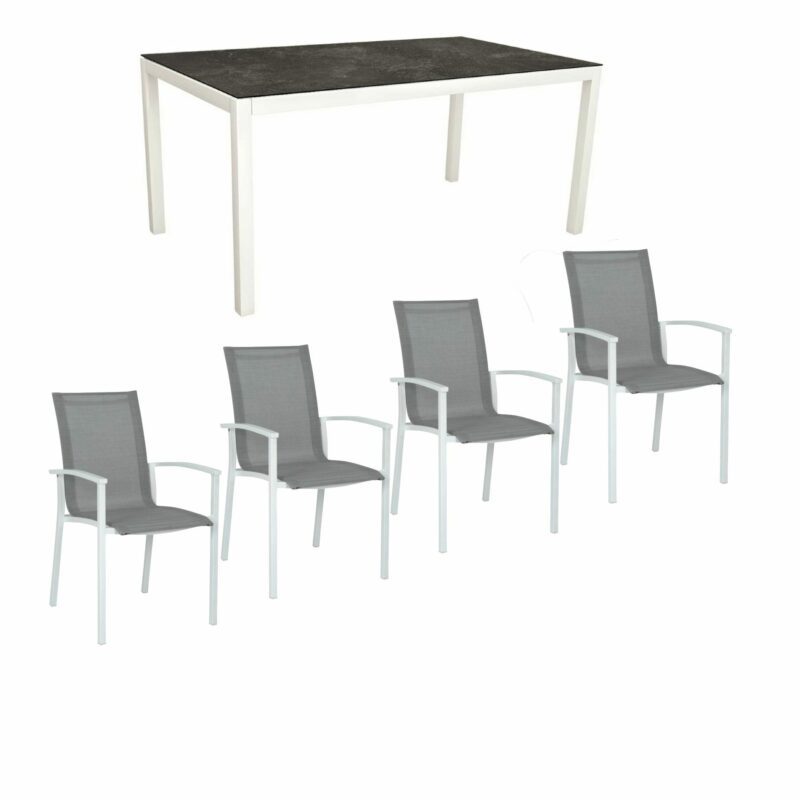 Stern Gartenmöbel-Set "Evoee", Gestelle Aluminium weiß, Sitzfläche Textilgewebe silberfarben, Tischplatte HPL Slate