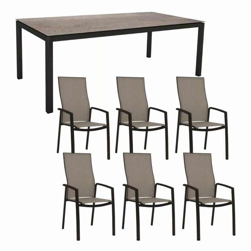 Stern Gartenmöbel-Set mit Hochlehner "Kari" und Gartentisch 220x100 cm, Gestelle Alu schwarz matt, Sitzfläche Textilgewebe Leinen grau, Tischplatte HPL Smoky