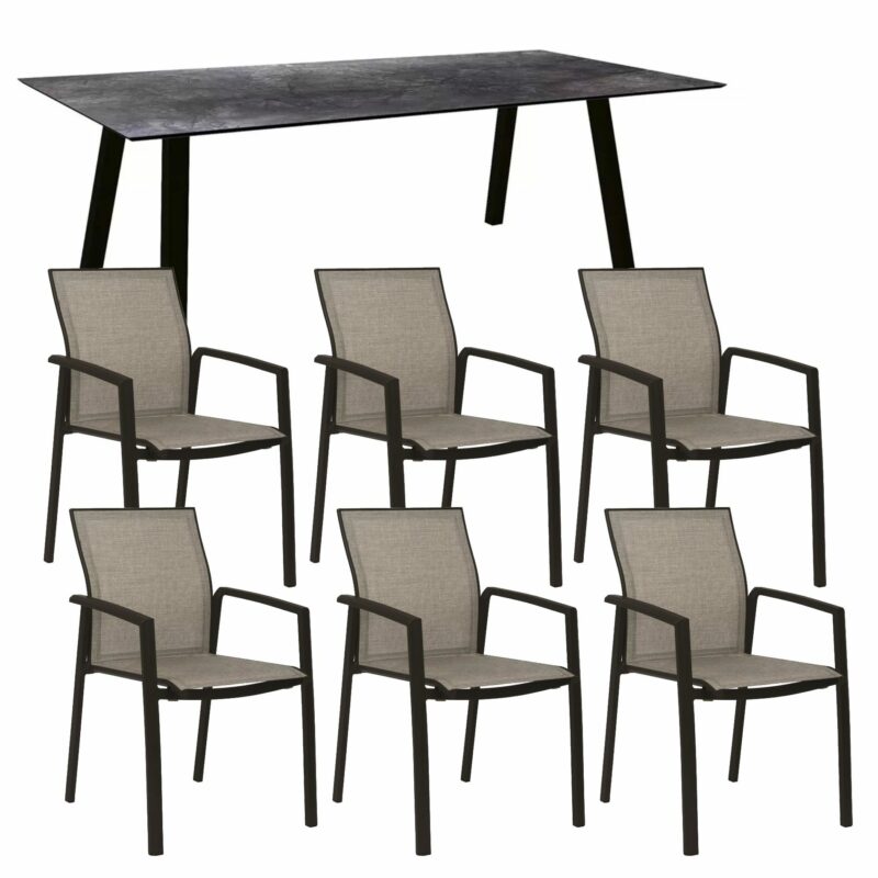 Stern Gartenmöbel-Set mit Stapelsessel "Kari", Textilen Leinen grau, und Gartentisch "Interno", Größe 220x100cm, Gestelle Alu schwarz matt, Tischplatte HPL Dark Marble