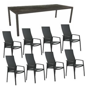 Stern Gartenmöbel-Set mit "Kari" Stapelsessel hoch & Gartentisch, Gestelle Aluminium anthrazit, Sitzfläche Textilgewebe karbon, Tischplatte HPL Dark Marble