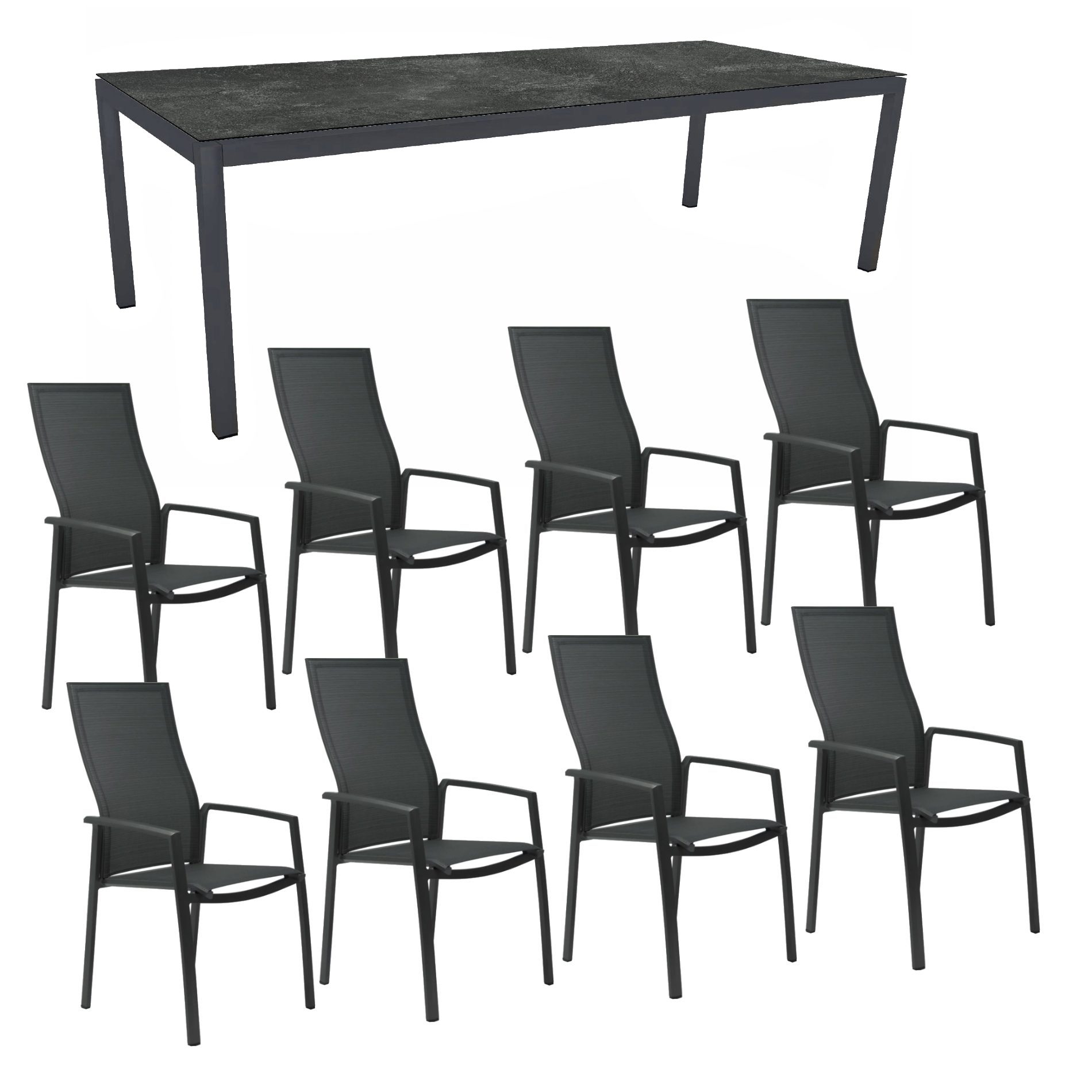 Stern Gartenmöbel-Set mit "Kari" Stapelsessel hoch & Gartentisch, Gestelle Aluminium anthrazit, Sitzfläche Textilgewebe karbon, Tischplatte HPL Slate