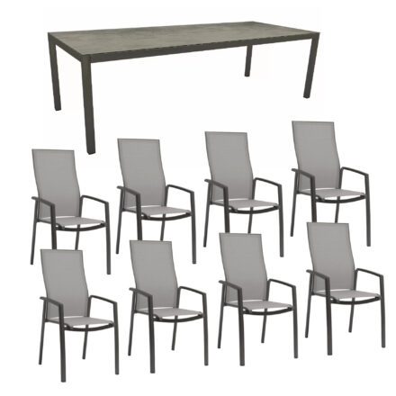 Stern Gartenmöbel-Set mit "Kari" Stapelsessel hoch & Gartentisch, Gestelle Aluminium anthrazit, Sitzfläche Textilgewebe silber, Tischplatte HPL Zement