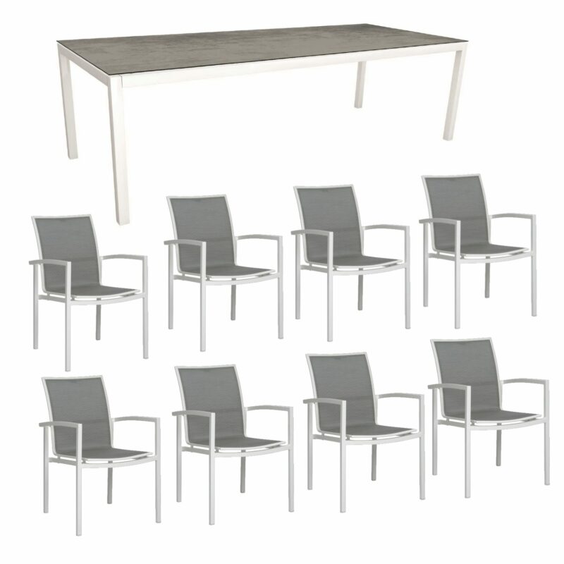Stern Gartenmöbel-Set mit “Skelby“ Stapelsessel & Gartentisch 250x100 cm, Gestelle Aluminium weiß, Sitzfläche Textilgewebe silber, Tischplatte HPL Tundra grau