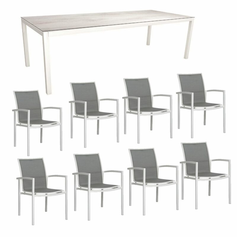 Stern Gartenmöbel-Set mit “Skelby“ Stapelsessel & Gartentisch 250x100 cm, Gestelle Aluminium weiß, Sitzfläche Textilgewebe silber, Tischplatte HPL zement hell
