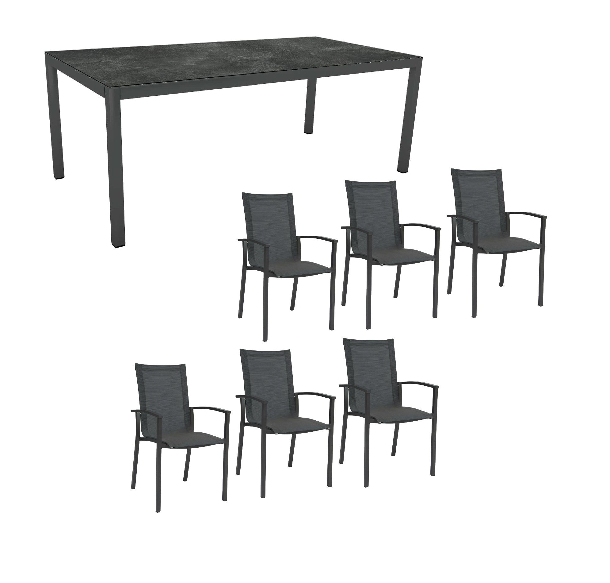 Stern Gartenmöbel-Set "Evoee", Gestelle Aluminium anthrazit, Tischplatte HPL Slate, Sitz- und Rückenfläche Textilgewebe karbon, Armlehnen anthrazit