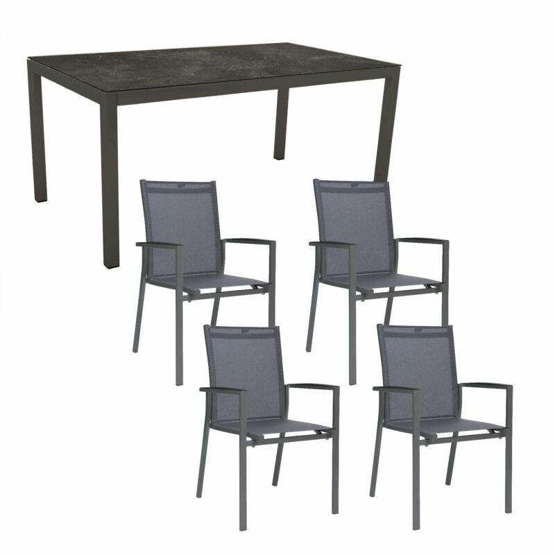 Stern Gartenmöbel-Set mit Stapelsessel "Levanto", Textilen karbon, Gartentisch 130x80 cm, Gestelle Alu anthrazit, Tischplatte HPL Slate