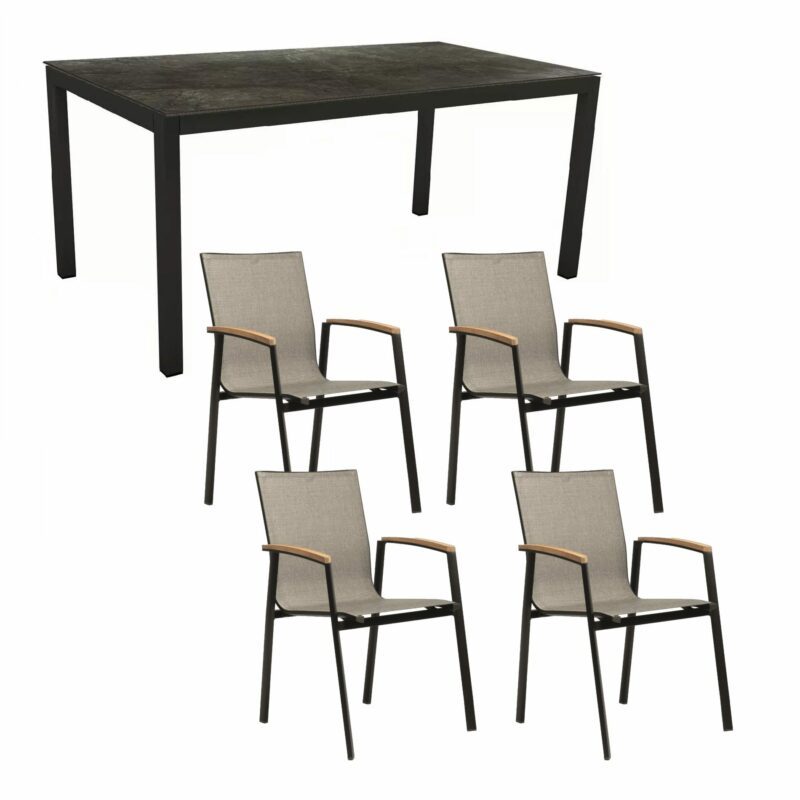 Stern Gartenmöbel-Set mit Stapelsessel "New Top" und Gartentisch 160x90 cm, Gestelle Alu schwarz matt, Sitzfläche Textilgewebe Leinen grau, Tischplatte HPL Dark Marble