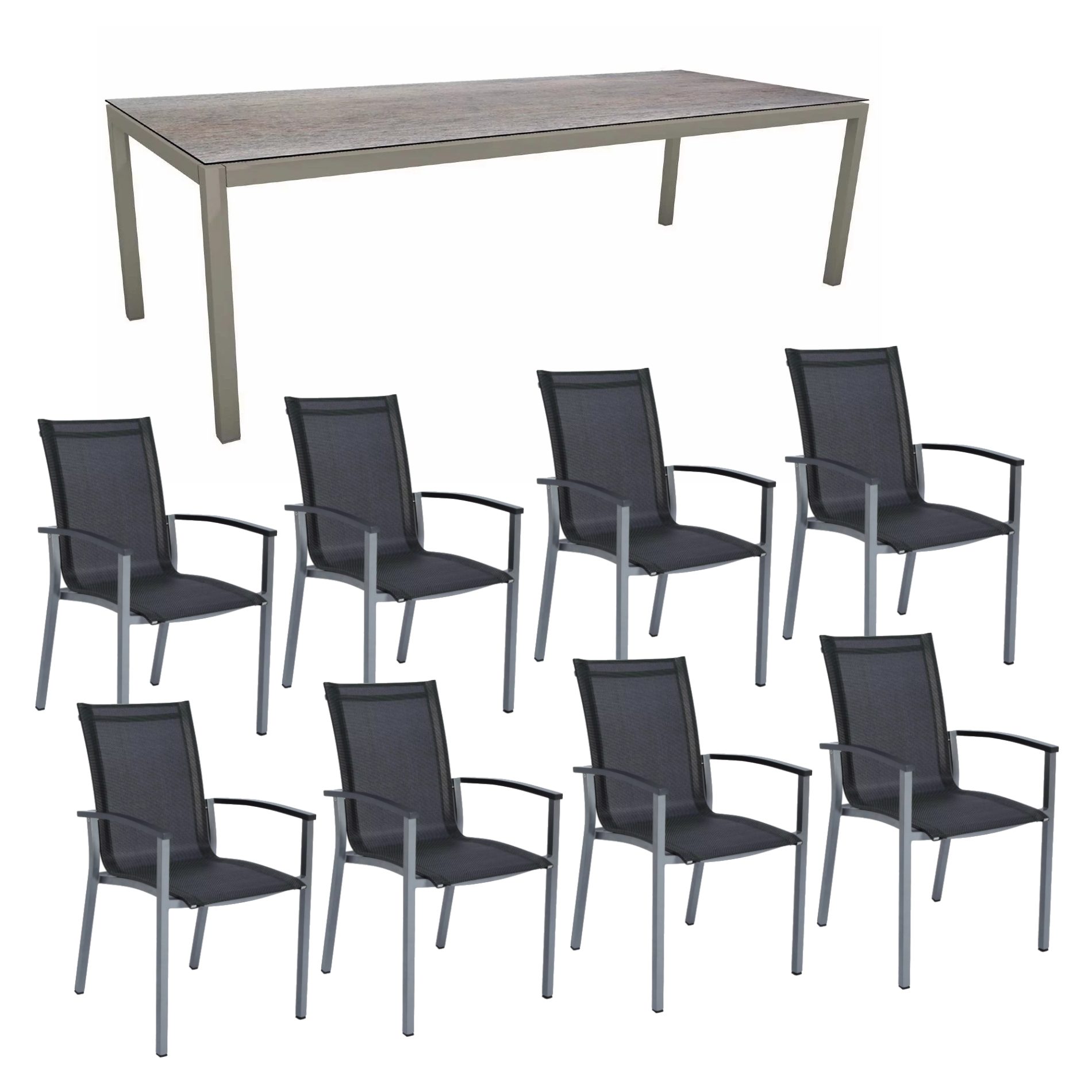 Stern Gartenmöbel-Set mit "Evoee" Stapelsessel & Gartentisch, Gestelle Aluminium graphit, Sitzfläche Textilgewebe silbergrau, Tischplatte HPL Smoky