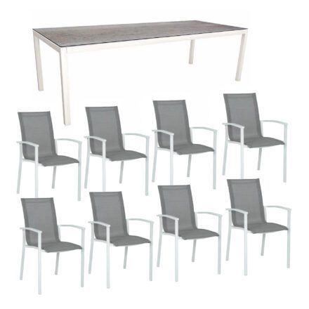 Stern Gartenmöbel-Set mit "Evoee" Stapelsessel & Gartentisch, Gestelle Aluminium weiß, Sitzfläche Textilgewebe silber, Tischplatte HPL Smoky