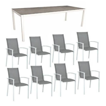 Stern Gartenmöbel-Set mit "Evoee" Stapelsessel & Gartentisch, Gestelle Aluminium weiß, Sitzfläche Textilgewebe silber, Tischplatte HPL Zement