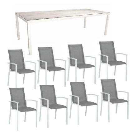 Stern Gartenmöbel-Set mit "Evoee" Stapelsessel & Gartentisch, Gestelle Aluminium weiß, Sitzfläche Textilgewebe silber, Tischplatte HPL Zement hell