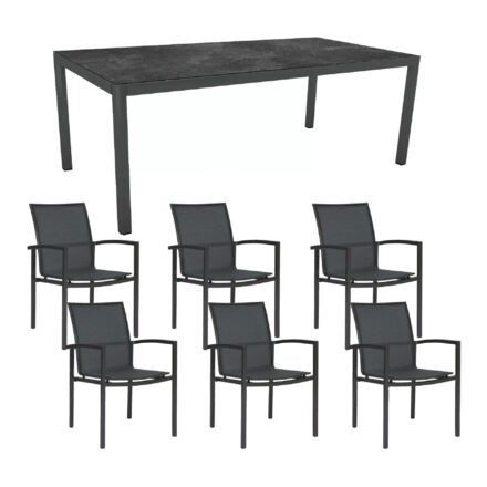 Stern Gartenmöbel-Set mit Stapelsessel "Skelby", Textilen Karbon und Tisch 200x100cm, Gestelle Alu Anthrazit, Tischplatte HPL Slate