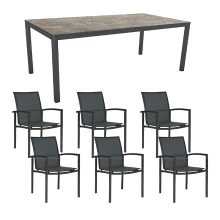 Stern Gartenmöbel-Set mit Stapelsessel "Skelby", Textilen Karbon und Tisch 200x100cm, Gestelle Alu Anthrazit, Tischplatte HPL Slate Stone