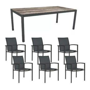 Stern Gartenmöbel-Set mit Stapelsessel "Skelby", Textilen Karbon und Tisch 200x100cm, Gestelle Alu Anthrazit, Tischplatte HPL Tundra Grau