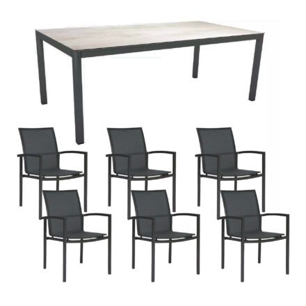 Stern Gartenmöbel-Set mit Stapelsessel "Skelby", Textilen Karbon und Tisch 200x100cm, Gestelle Alu Anthrazit, Tischplatte HPL Zement hell
