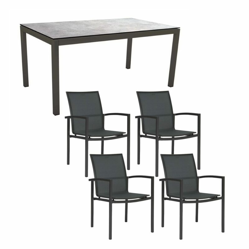 Stern Gartenmöbel-Set mit "Skelby" Stapelsessel & Gartentisch 160x90 cm, Gestelle Aluminium anthrazit, Sitzfläche Textilgewebe karbon, Tischplatte HPL Metallic Grau