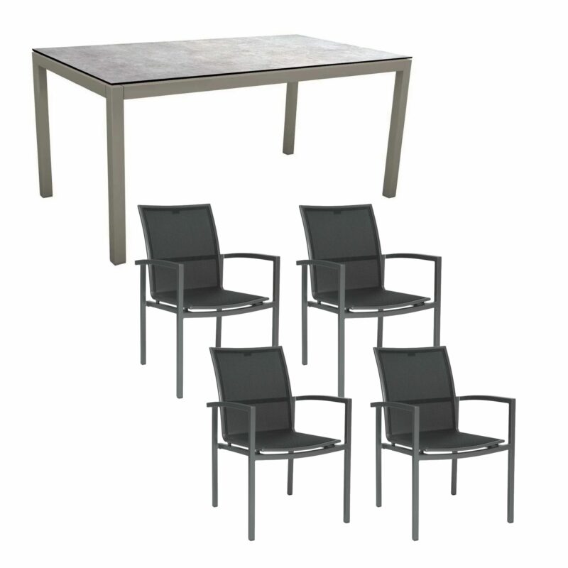 Stern Gartenmöbel-Set mit "Skelby" Stapelsessel & Gartentisch 160x90 cm, Gestelle Aluminium graphit, Sitzfläche Textilgewebe silbergrau, Tischplatte HPL Metallic Grau