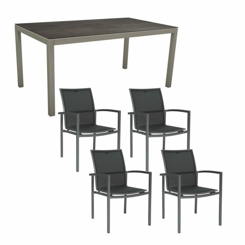 Stern Gartenmöbel-Set mit "Skelby" Stapelsessel & Gartentisch 160x90 cm, Gestelle Aluminium graphit, Sitzfläche Textilgewebe silbergrau, Tischplatte HPL Nitro