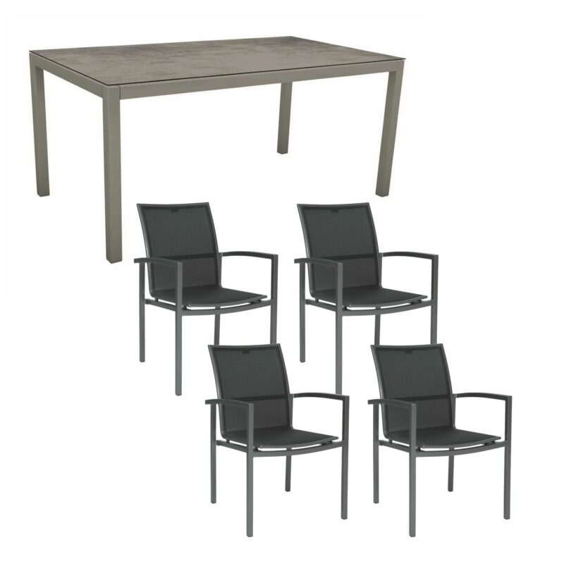 Stern Gartenmöbel-Set mit "Skelby" Stapelsessel & Gartentisch 160x90 cm, Gestelle Aluminium graphit, Sitzfläche Textilgewebe silbergrau, Tischplatte HPL Zement