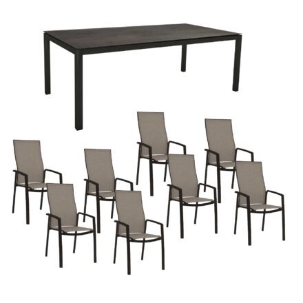 Stern Gartenmöbel-Set mit Hochlehner "Kari", Textilen Leinen grau und Gartentisch 250x100 cm, Gestelle Alu schwarz matt, Tischplatte HPL Nitro