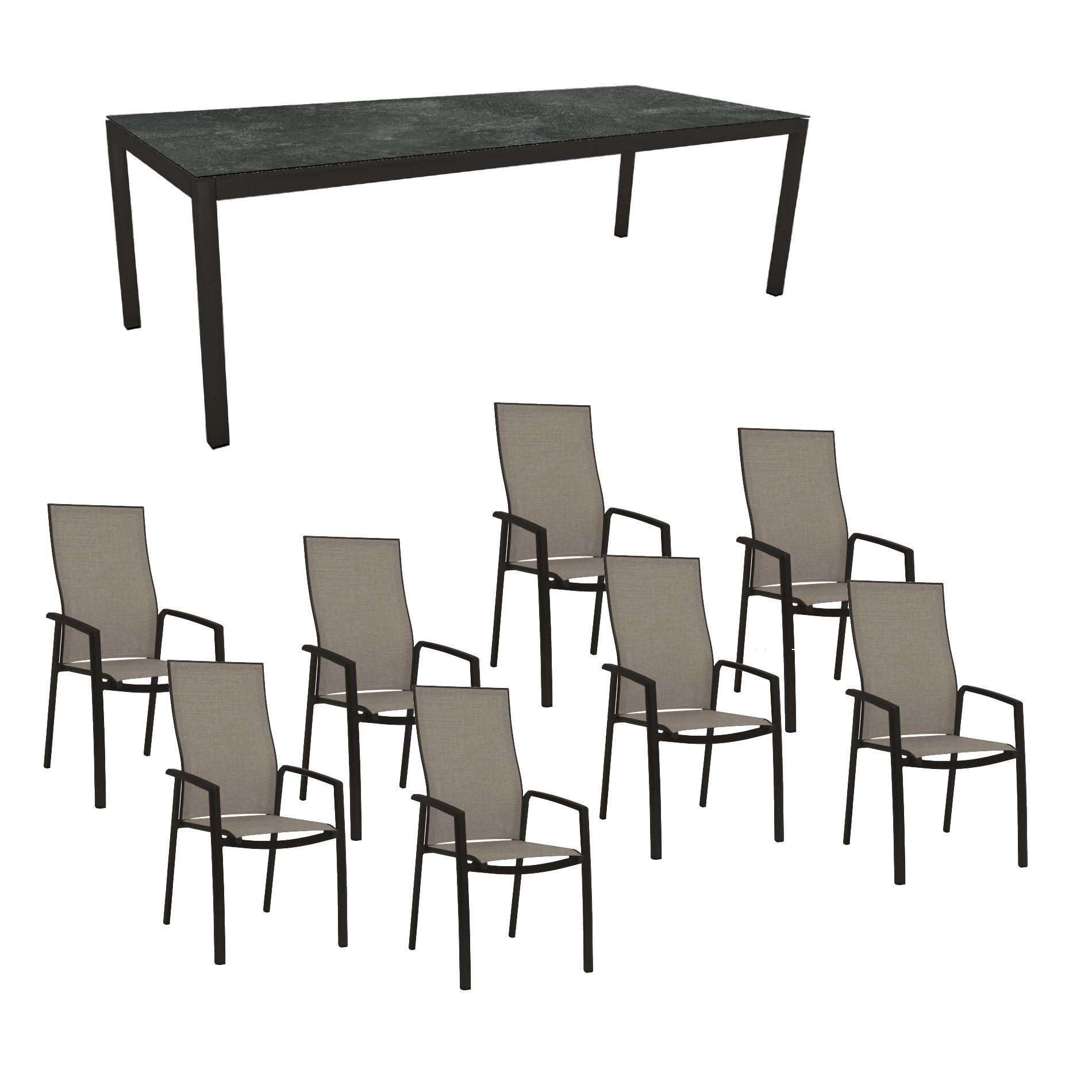 Stern Gartenmöbel-Set mit Hochlehner "Kari", Textilen Leinen grau und Gartentisch 250x100 cm, Gestelle Alu schwarz matt, Tischplatte HPL Slate