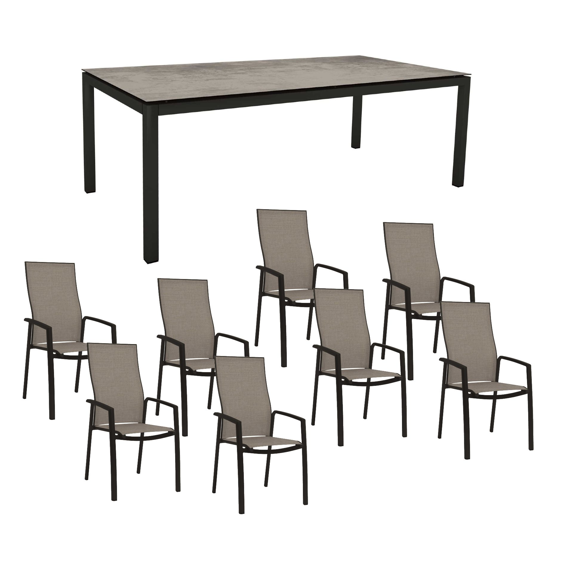 Stern Gartenmöbel-Set mit Hochlehner "Kari", Textilen Leinen grau und Gartentisch 250x100 cm, Gestelle Alu schwarz matt, Tischplatte HPL Zement