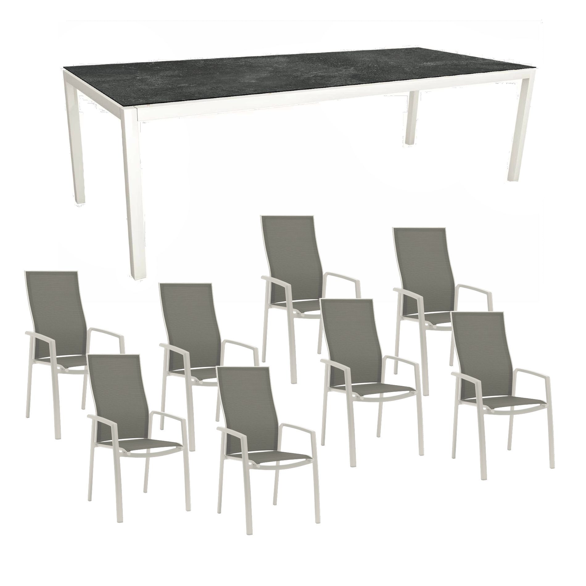 Stern Gartenmöbel-Set mit Hochlehner "Kari", Textilen silber und Gartentisch 250x100 cm, Gestelle Alu weiß, Tischplatte HPL Slate