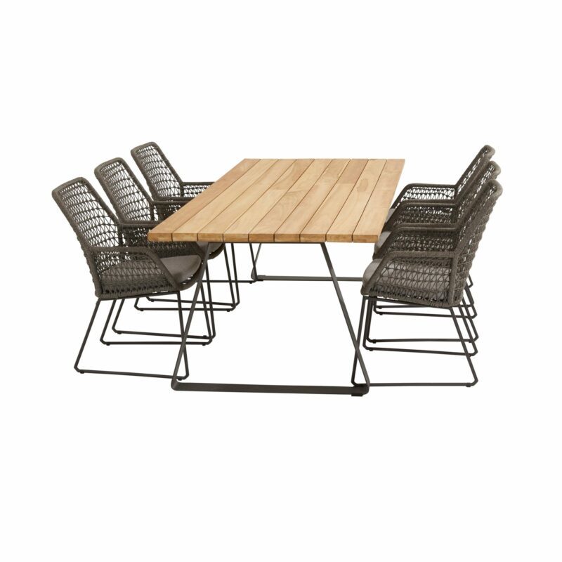 4Seasons Outdoor Gartenmöbel-Set mit "Basso" Gartentisch 240x100 cm, Gestell Aluminium anthrazit, Tischplatte Teak, und "Babilonia" Diningsessel, Gestell Edelstahl anthrazit, Sitzfläche Rope mid grey